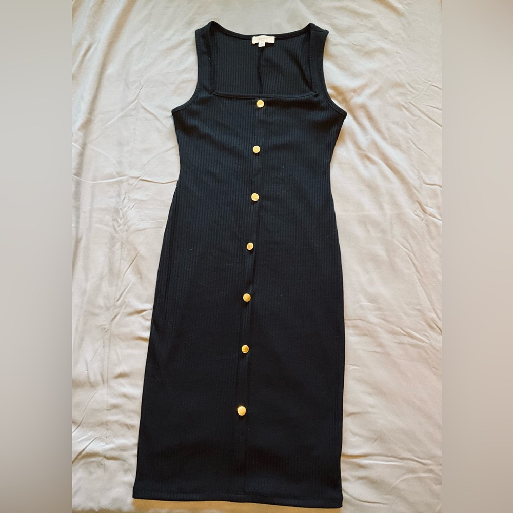 Black Ribbed Midi Dress with Gold Button Front